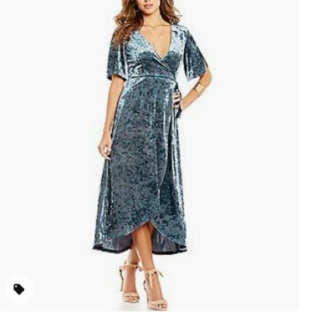 Gianni Bini Blue V-Neck Midi Dress Sz XS Velvet Platinum Marche Dress NWT TC0570